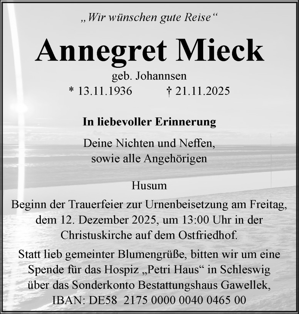  Traueranzeige für Annegret Mieck vom 29.11.2025 aus Husumer Nachrichten, Nordfriesland Tageblatt