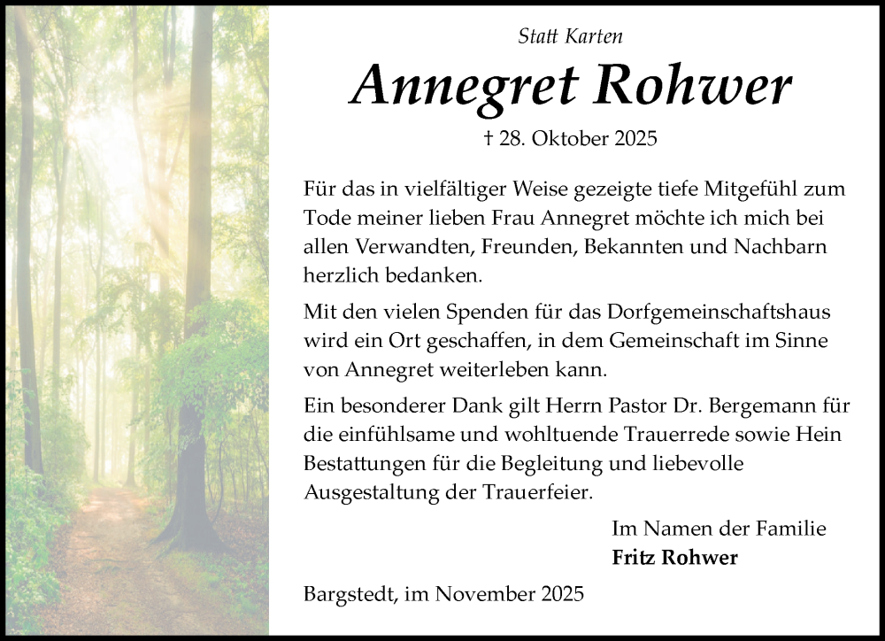  Traueranzeige für Annegret Rohwer vom 22.11.2025 aus Schleswig-Holsteinische Landeszeitung