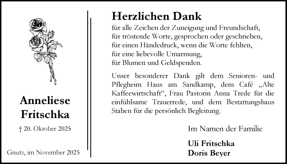  Traueranzeige für Anneliese Fritschka vom 15.11.2025 aus Schleswig-Holsteinische Landeszeitung