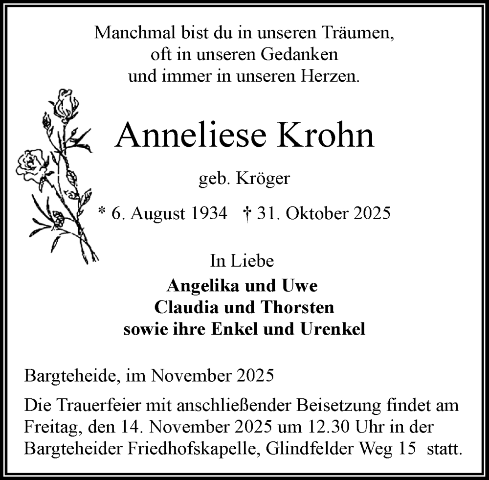  Traueranzeige für Anneliese Krohn vom 08.11.2025 aus MARKT Ahrensburg/Bargteheide/Trittau und Stormarner Tageblatt