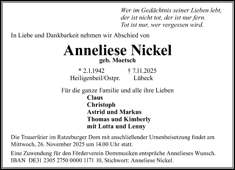  Traueranzeige für Anneliese Nickel vom 22.11.2025 aus MARKT Ratzeburg/Mölln