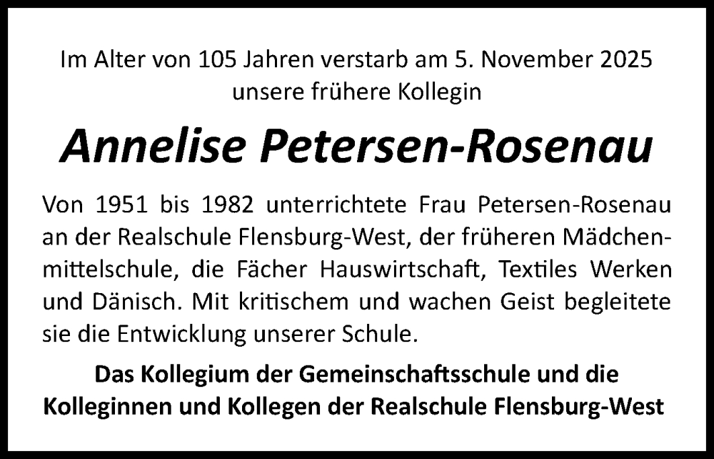  Traueranzeige für Annelise Petersen-Rosenau vom 22.11.2025 aus Flensburger Tageblatt