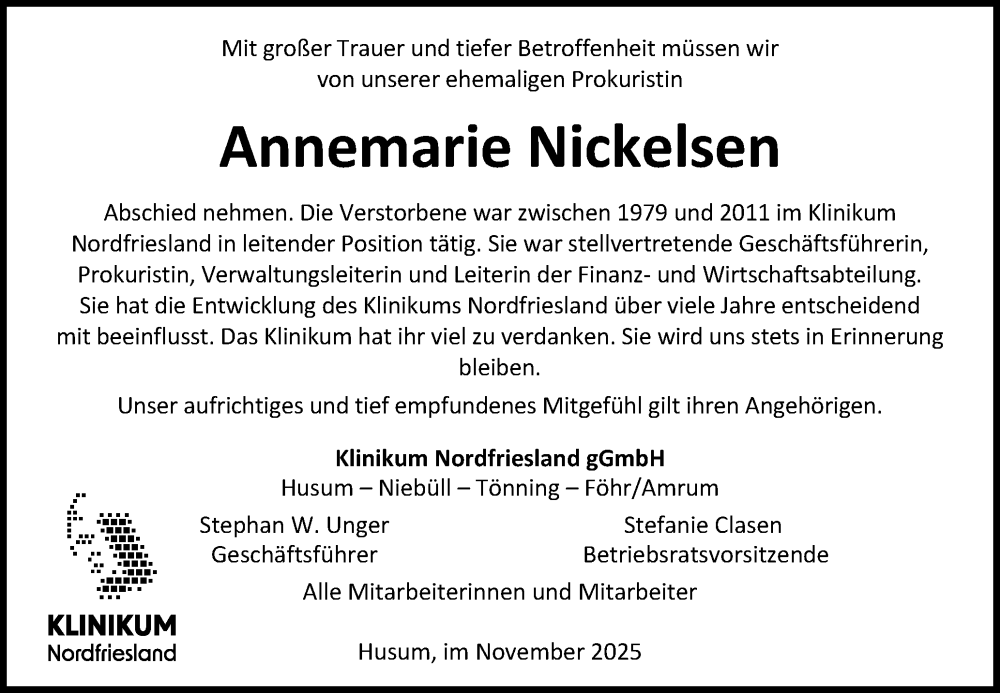  Traueranzeige für Annemarie Nickelsen vom 15.11.2025 aus Husumer Nachrichten, Nordfriesland Tageblatt