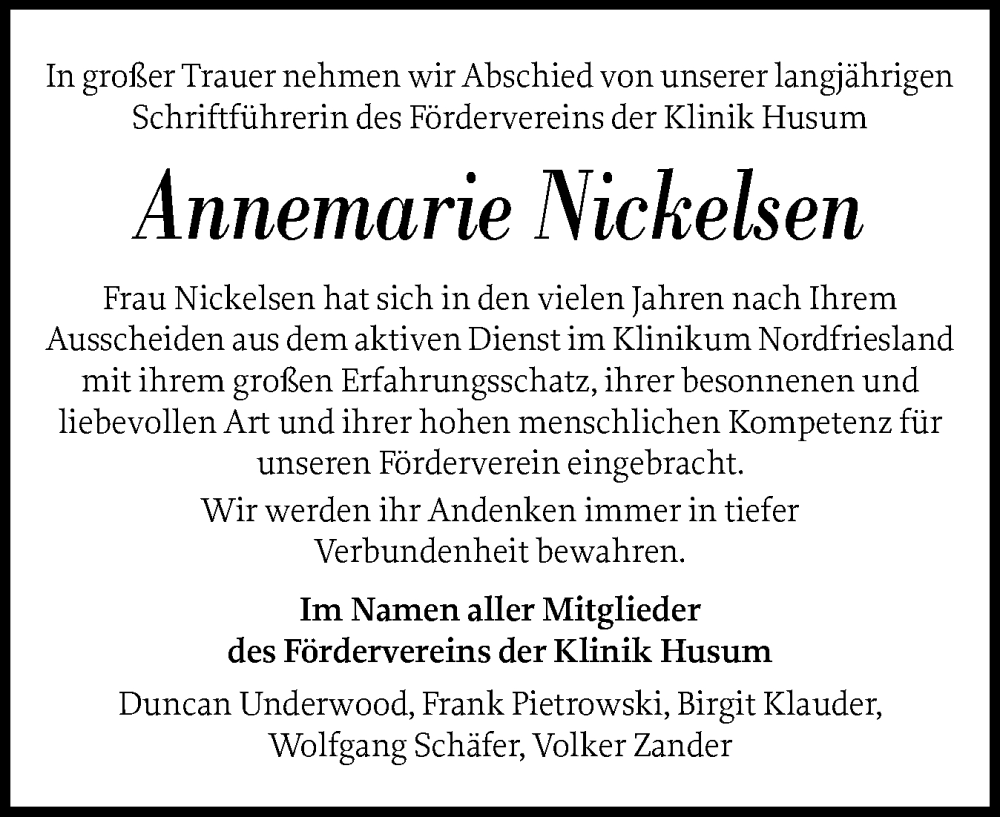  Traueranzeige für Annemarie Nickelsen vom 15.11.2025 aus Husumer Nachrichten, Nordfriesland Tageblatt