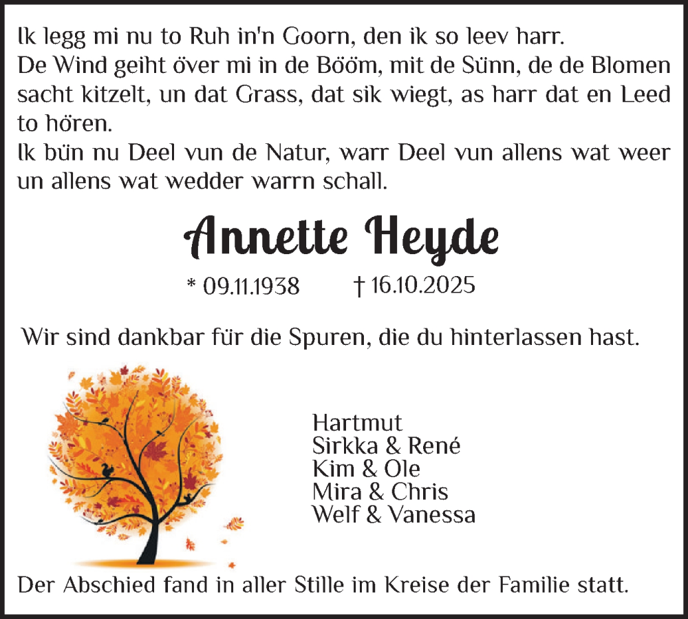  Traueranzeige für Annette Heyde vom 11.11.2025 aus Schleswiger Nachrichten, Schlei-Bote