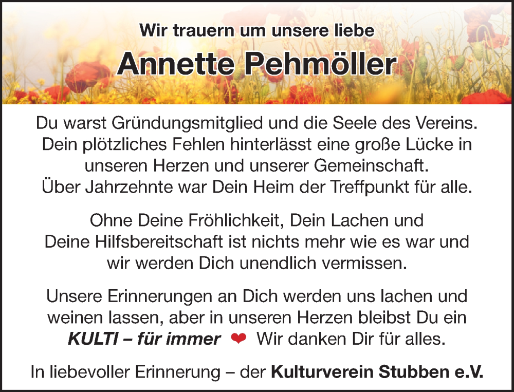  Traueranzeige für Annette Pehmöller vom 08.11.2025 aus MARKT Bad Oldesloe/Reinfeld und Stormarner Tageblatt