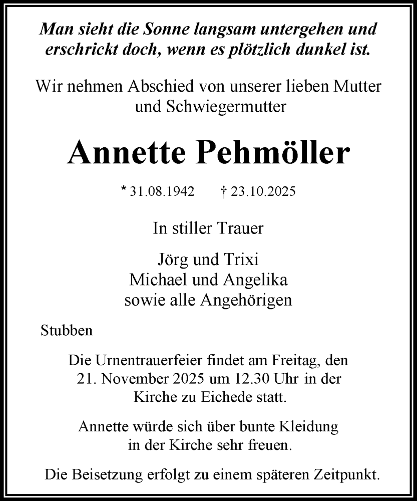 Traueranzeige für Annette Pehmöller vom 08.11.2025 aus MARKT Bad Oldesloe/Reinfeld und Stormarner Tageblatt