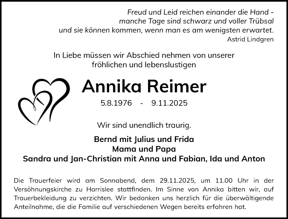  Traueranzeige für Annika Reimer vom 24.11.2025 aus Flensburger Tageblatt