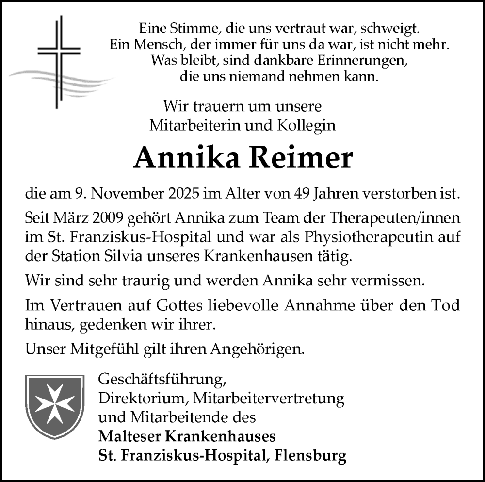  Traueranzeige für Annika Reimer vom 24.11.2025 aus Flensburger Tageblatt
