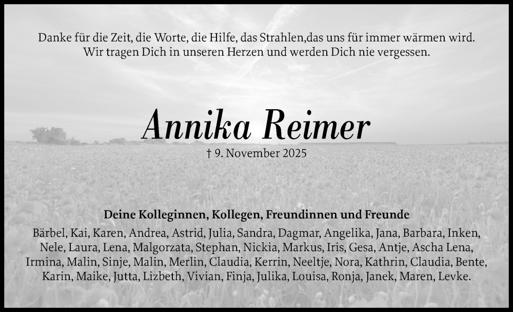  Traueranzeige für Annika Reimer vom 24.11.2025 aus Flensburger Tageblatt
