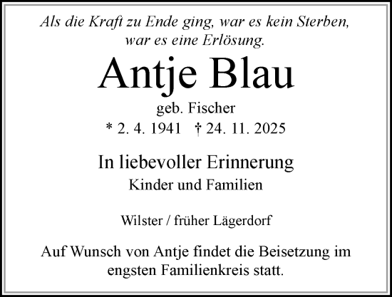 Traueranzeige von Antje Blau von Norddeutsche Rundschau, Wilstersche Zeitung, Glückstädter Fortuna
