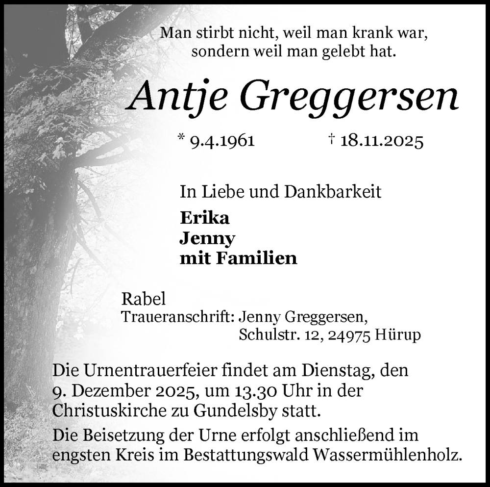  Traueranzeige für Antje Greggersen vom 29.11.2025 aus Schleswiger Nachrichten, Schlei-Bote