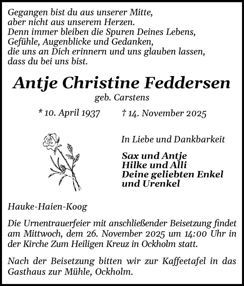  Traueranzeige für Antje Christine Feddersen vom 21.11.2025 aus Husumer Nachrichten, Nordfriesland Tageblatt
