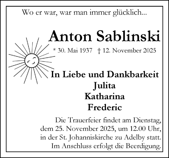 Traueranzeige von Anton Sablinski von Flensburger Tageblatt