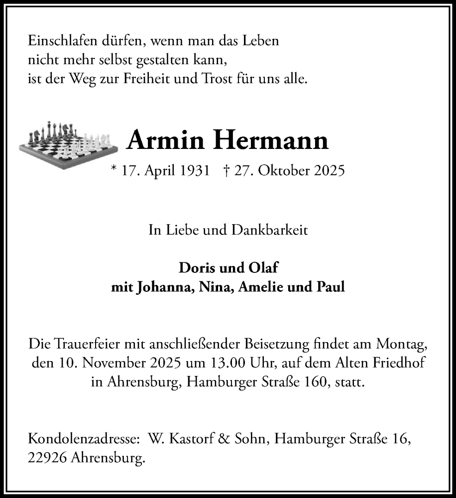  Traueranzeige für Armin Hermann vom 08.11.2025 aus MARKT Ahrensburg/Bargteheide/Trittau und Stormarner Tageblatt