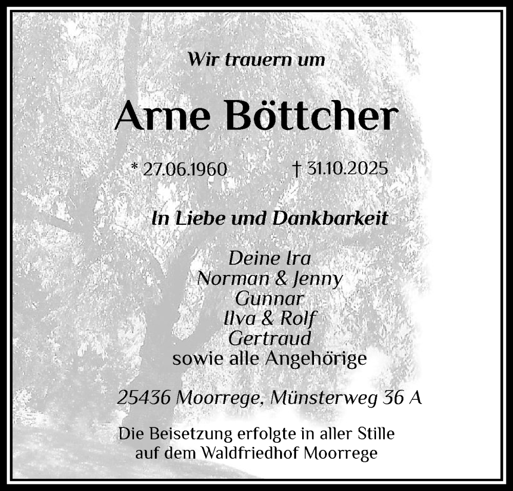 Traueranzeige für Arne Böttcher vom 22.11.2025 aus Uetersener Nachrichten, Der tip am Wochenende