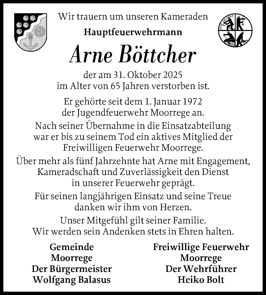  Traueranzeige für Arne Böttcher vom 29.11.2025 aus Uetersener Nachrichten, Der tip am Wochenende