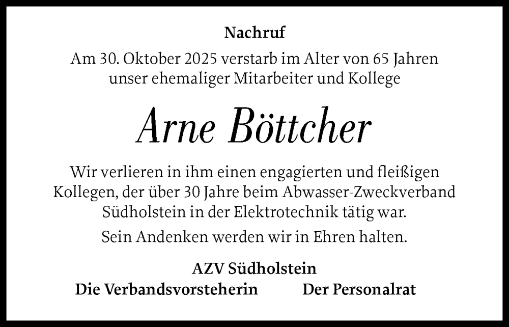  Traueranzeige für Arne Böttcher vom 29.11.2025 aus A. Beig Gesamtausgabe