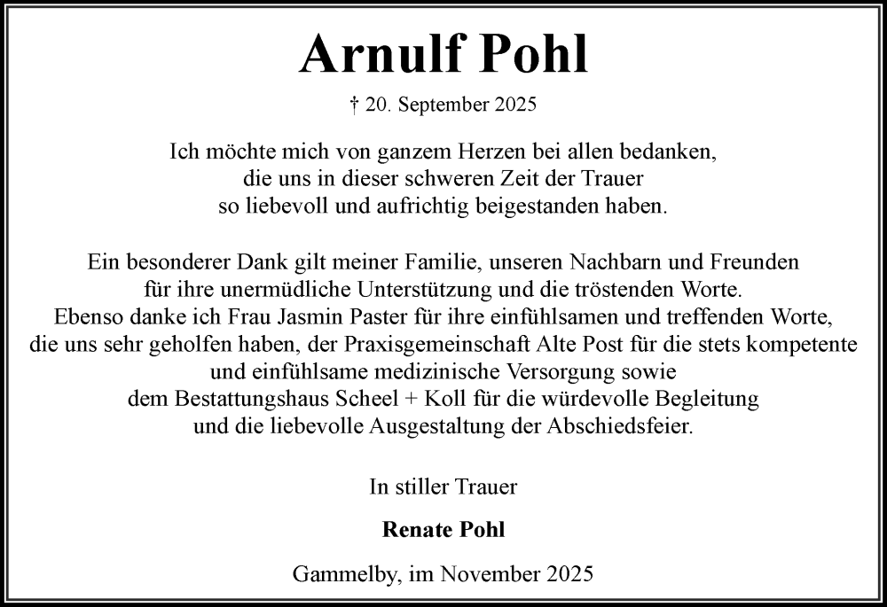  Traueranzeige für Arnulf Pohl vom 29.11.2025 aus Eckernförder Zeitung, Hallo Eckernförde