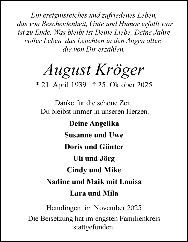  Traueranzeige für August Kröger vom 29.11.2025 aus Elmshorner Nachrichten, Barmstedter Zeitung