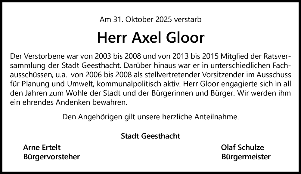  Traueranzeige für Axel Gloor vom 22.11.2025 aus Wochenend Anzeiger
