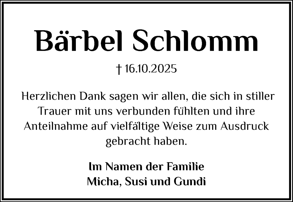  Traueranzeige für Bärbel Schlomm vom 08.11.2025 aus Norddeutsche Rundschau, Wilstersche Zeitung, Glückstädter Fortuna