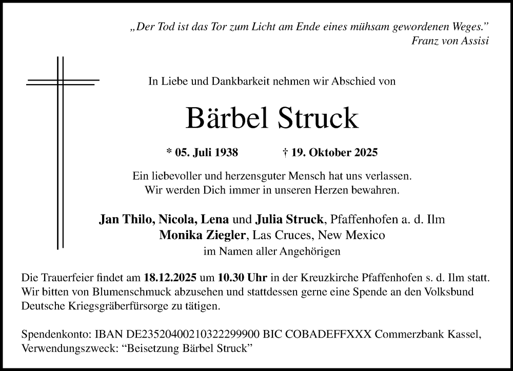  Traueranzeige für Bärbel Struck vom 15.11.2025 aus MARKT Ahrensburg/Bargteheide/Trittau und Stormarner Tageblatt