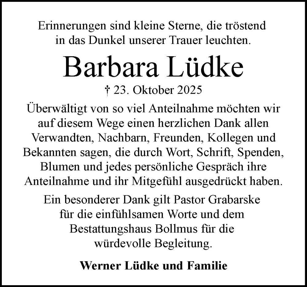  Traueranzeige für Barbara Lüdke vom 29.11.2025 aus Schleswig-Holsteinische Landeszeitung