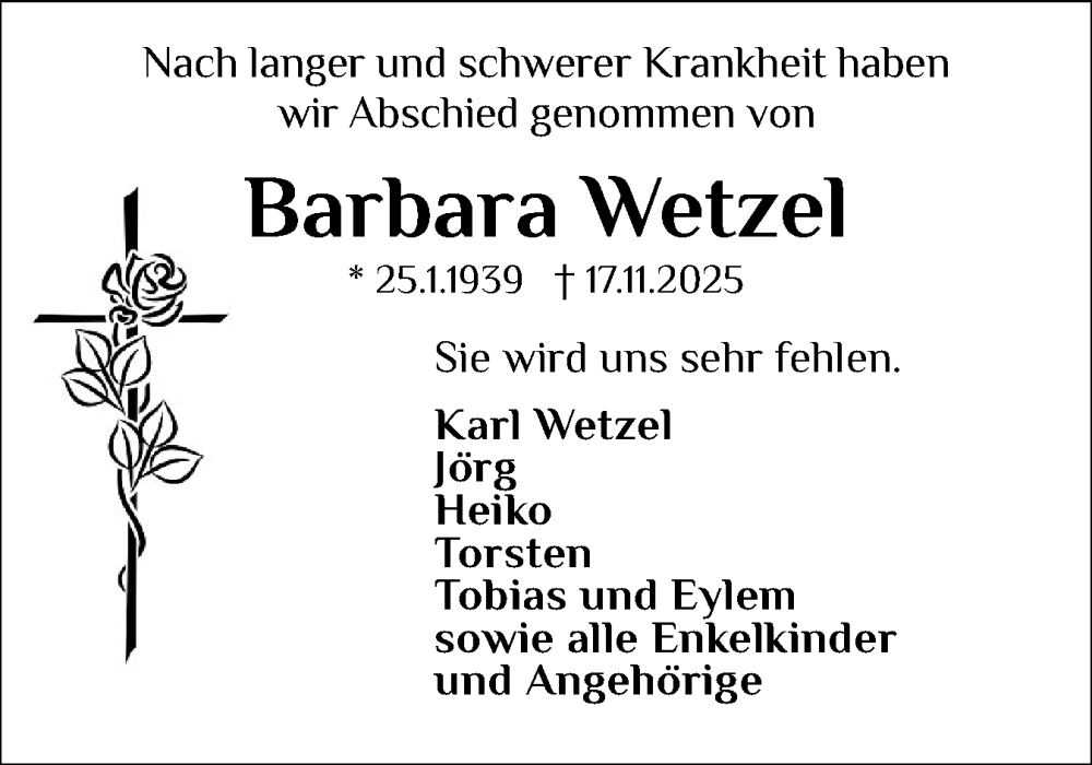  Traueranzeige für Barbara Wetzel vom 29.11.2025 aus Eckernförder Zeitung, Hallo Eckernförde