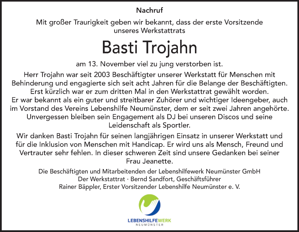  Traueranzeige für Basti Trojahn vom 29.11.2025 aus Holsteinischer Courier