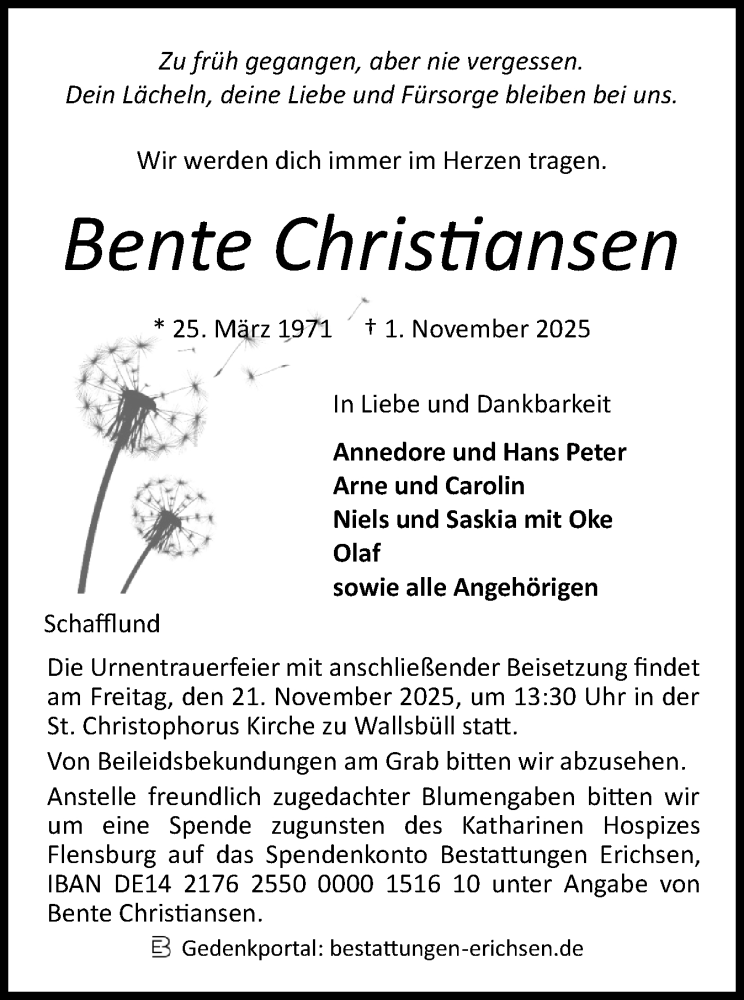  Traueranzeige für Bente Christiansen vom 08.11.2025 aus Flensburger Tageblatt