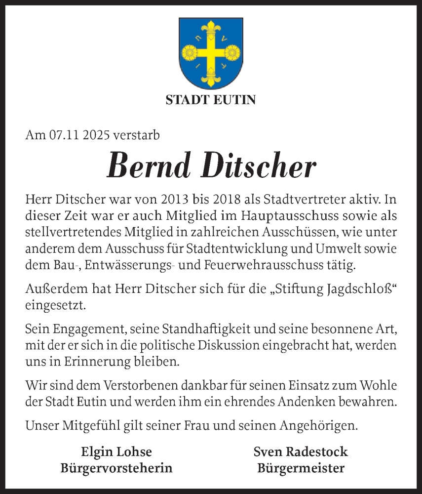  Traueranzeige für Bernd Ditscher vom 28.11.2025 aus Ostholsteiner Anzeiger