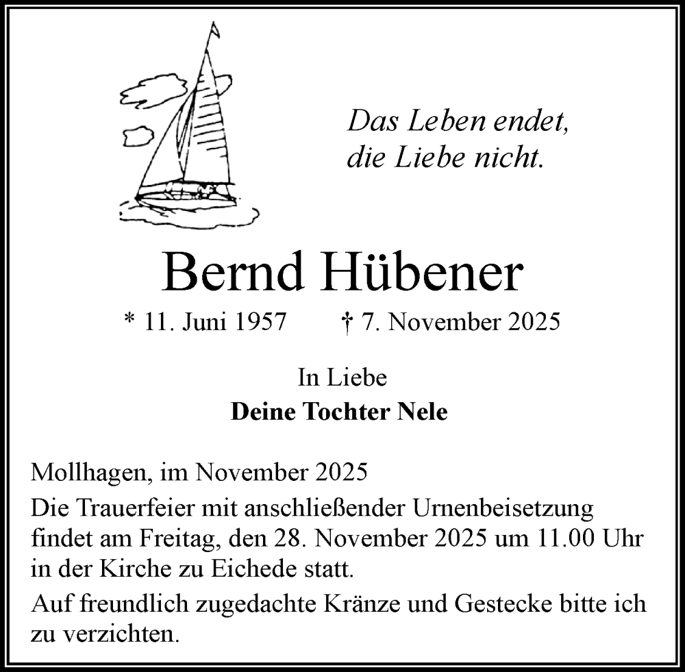  Traueranzeige für Bernd Hübener vom 15.11.2025 aus MARKT Bad Oldesloe/Reinfeld und Stormarner Tageblatt