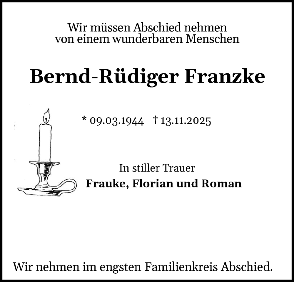  Traueranzeige für Bernd-Rüdiger Franzke vom 18.11.2025 aus Ostholsteiner Anzeiger