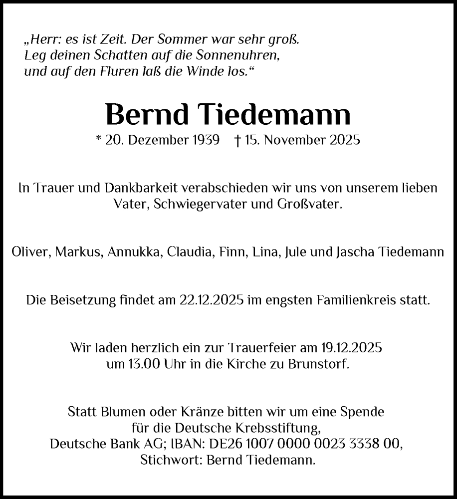  Traueranzeige für Bernd Tiedemann vom 29.11.2025 aus Wochenend Anzeiger