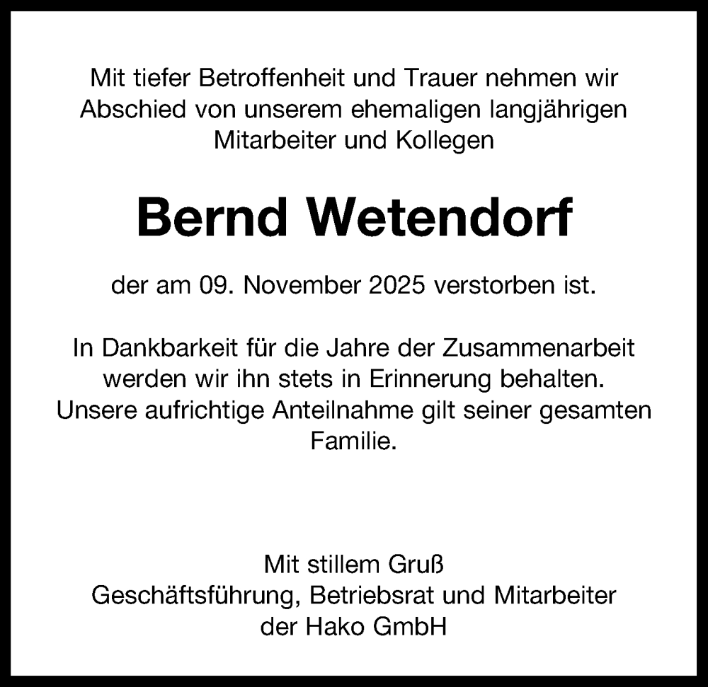  Traueranzeige für Bernd Wetendorf vom 22.11.2025 aus MARKT Bad Oldesloe/Reinfeld und Stormarner Tageblatt