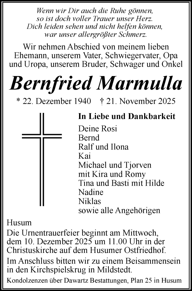  Traueranzeige für Bernfried Marmulla vom 29.11.2025 aus Husumer Nachrichten, Nordfriesland Tageblatt