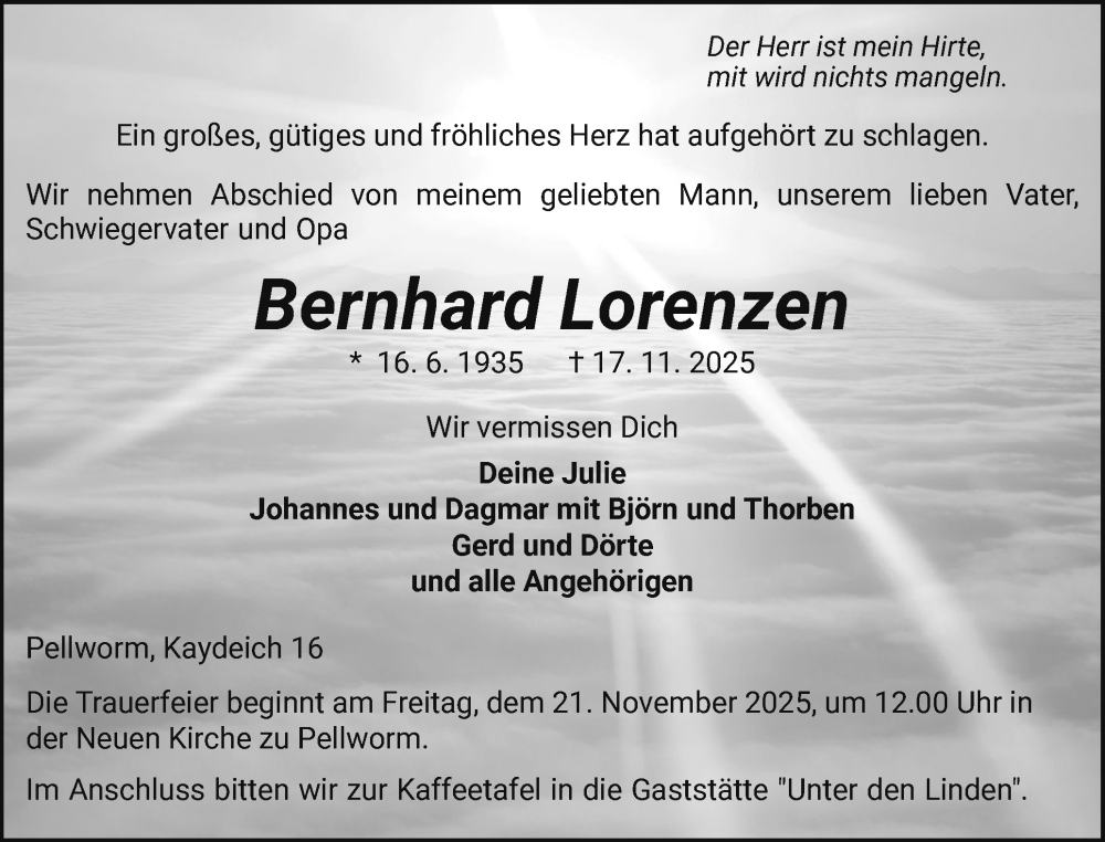  Traueranzeige für Bernhard Lorenzen vom 19.11.2025 aus Husumer Nachrichten, Nordfriesland Tageblatt
