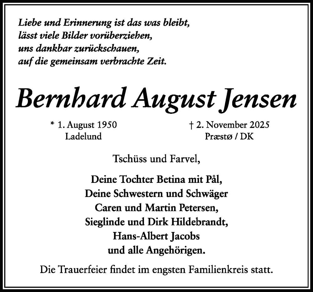  Traueranzeige für Bernhard August Jensen vom 12.11.2025 aus Region Flensburg