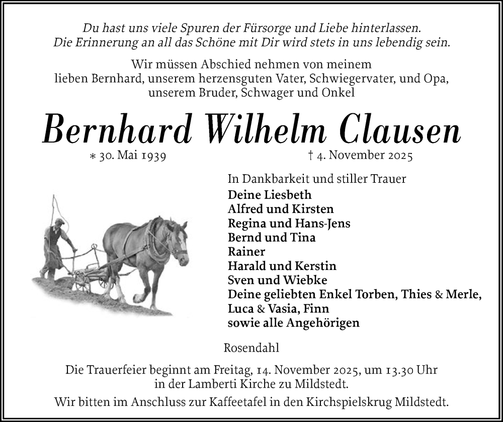  Traueranzeige für Bernhard Wilhelm Clausen vom 08.11.2025 aus Husumer Nachrichten, Nordfriesland Tageblatt