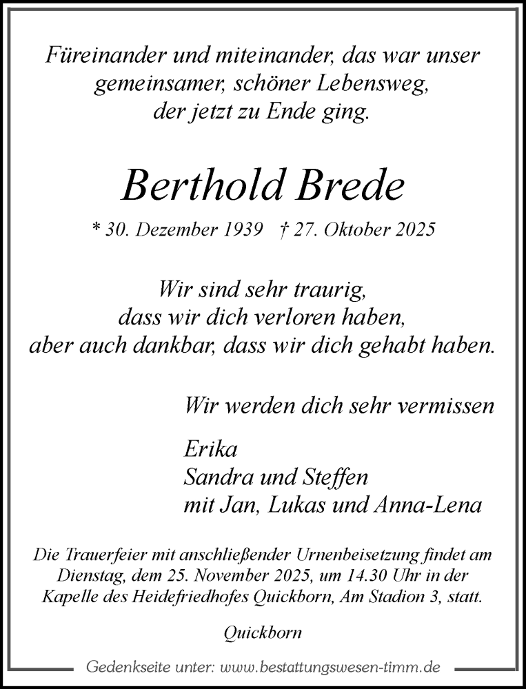  Traueranzeige für Berthold Brede vom 22.11.2025 aus Umschau
