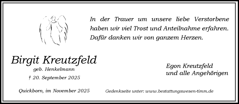  Traueranzeige für Birgit Kreutzfeld vom 22.11.2025 aus Umschau
