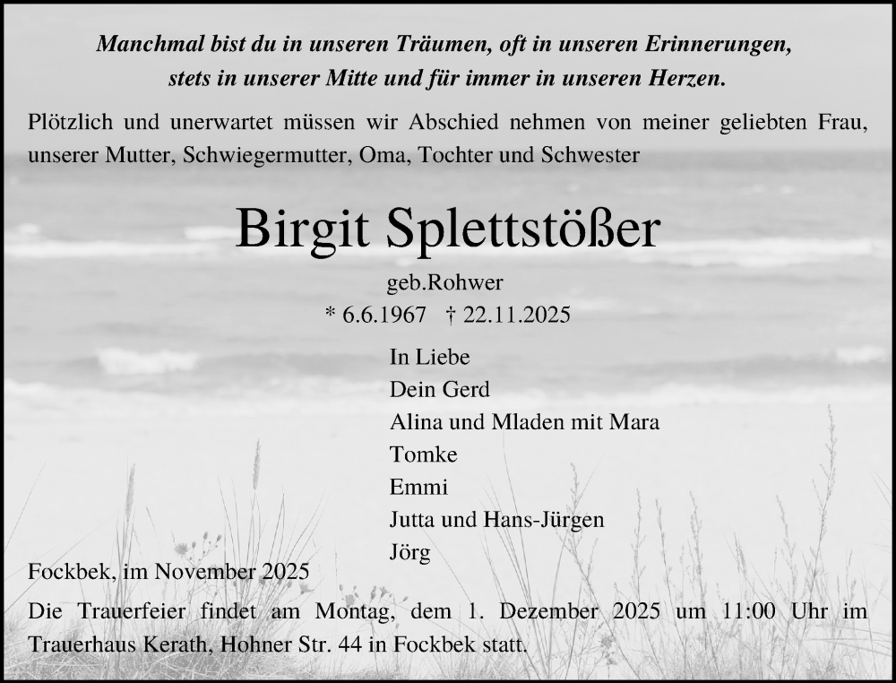  Traueranzeige für Birgit Splettstößer vom 29.11.2025 aus Schleswig-Holsteinische Landeszeitung