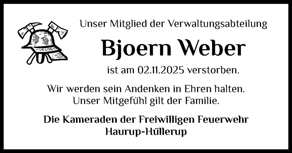  Traueranzeige für Bjoern Weber vom 22.11.2025 aus Flensburger Tageblatt