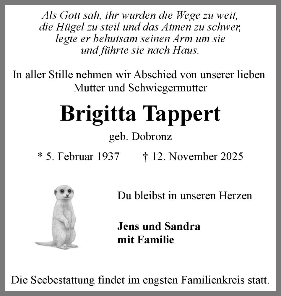  Traueranzeige für Brigitta Tappert vom 15.11.2025 aus Flensburger Tageblatt