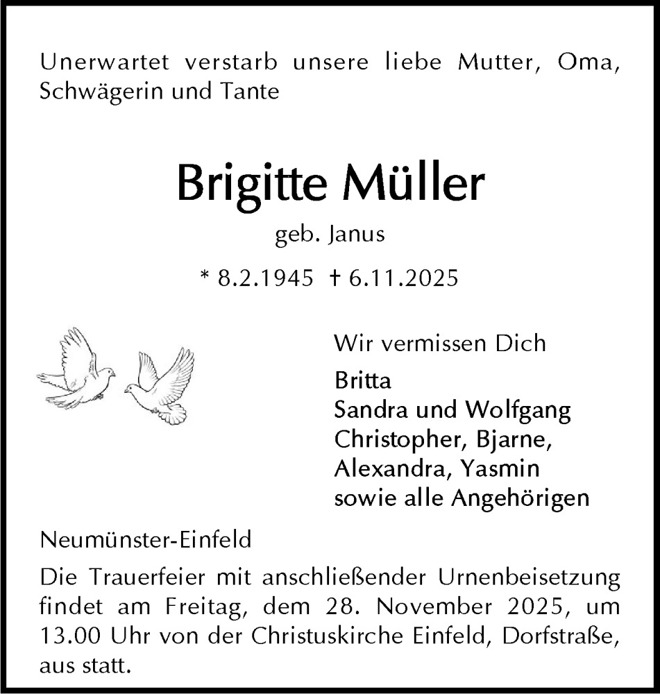  Traueranzeige für Brigitte Müller vom 22.11.2025 aus Holsteinischer Courier