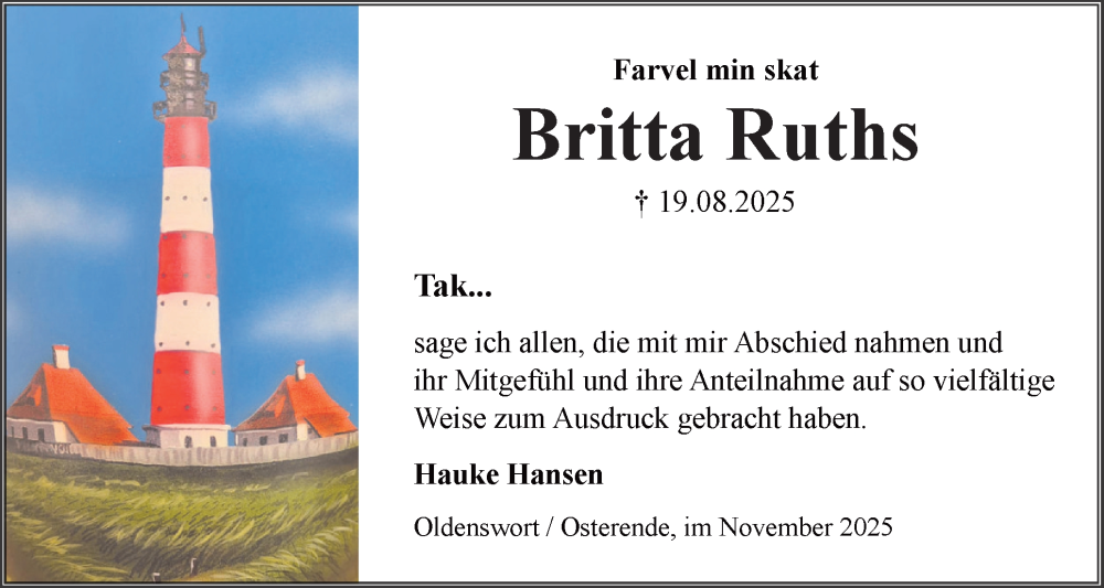  Traueranzeige für Britta Ruths vom 20.11.2025 aus Husumer Nachrichten, Nordfriesland Tageblatt