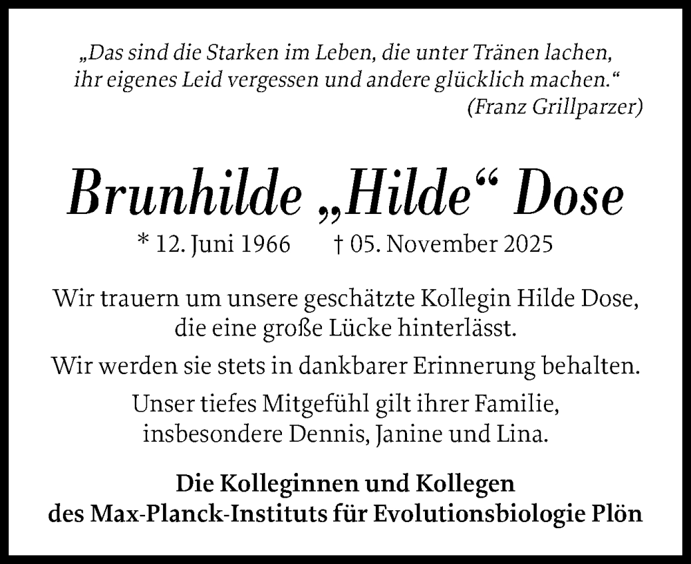  Traueranzeige für Brunhilde Dose vom 15.11.2025 aus Ostholsteiner Anzeiger