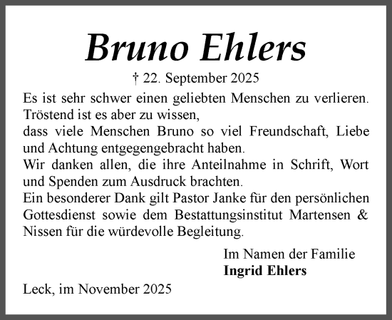 Traueranzeige von Bruno Ehlers von Region Westküste
