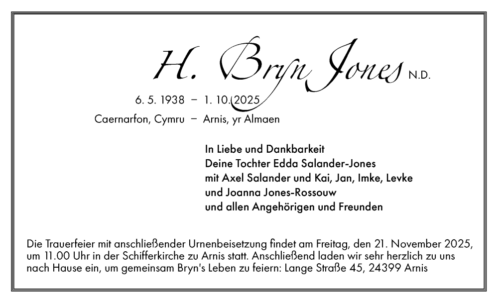  Traueranzeige für Bryn Jones vom 08.11.2025 aus Schleswiger Nachrichten, Schlei-Bote